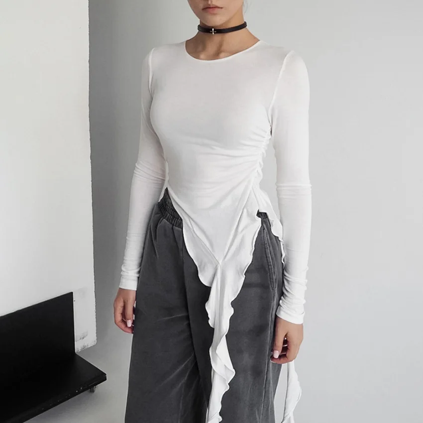 

Personality Irregularly Knitted Slim Women's T-shirt 2025 Spring Summer New with Long Sleeve Base Layer Underneath