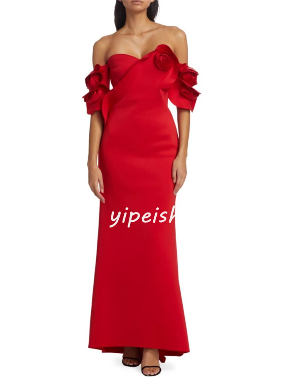 Customized Jersey Flower Ruched Graduation A-line Off-the-shoulder Bespoke Occasion Gown Midi Dresses