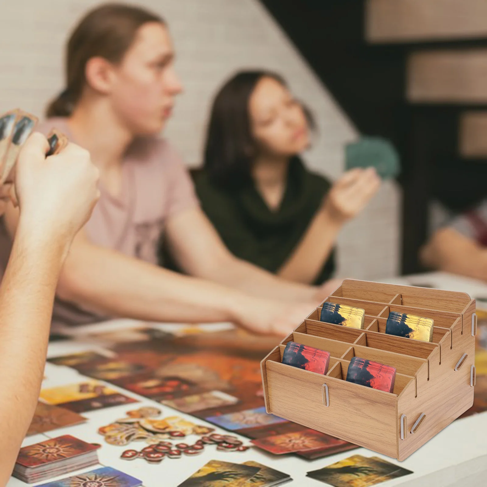 Large Capacity Wooden Cards Storage Box Multi-Grid Game Cards Organizer Portable Case for Home Supplies