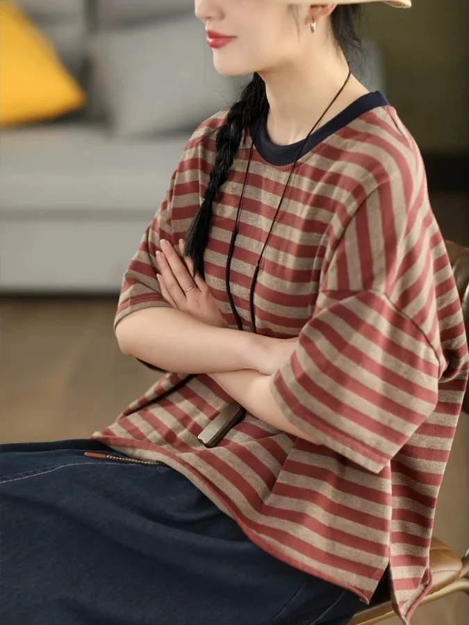 Retro Striped Cotton T-Shirt Women's Loose Slimming Casual Short Sleeve Lazy Style Versatile Summer Top Dream Qing Silk Poet