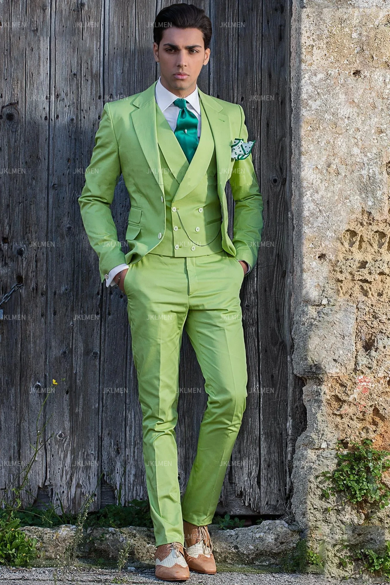 Green Men Suits Three Pieces Business Suit Custom Made Casual Polyester Coat Office   Terno Masculino Completo