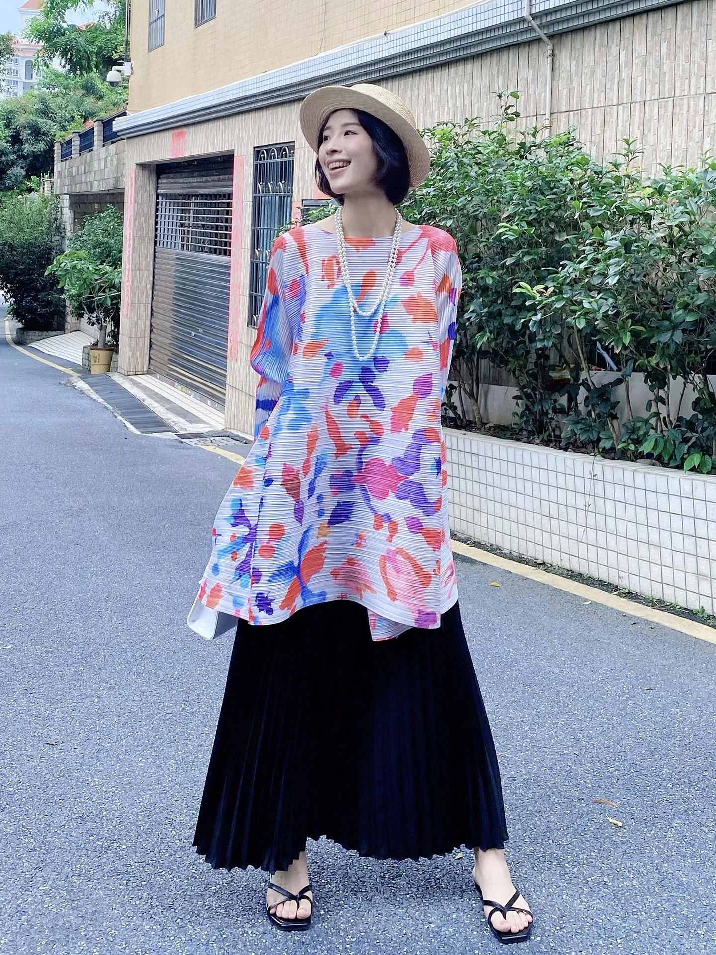 

Black Wide Leg Pants Set with Long Sleeve Top And Pleated Design plus Size Women's Fashionable Summer Outfit