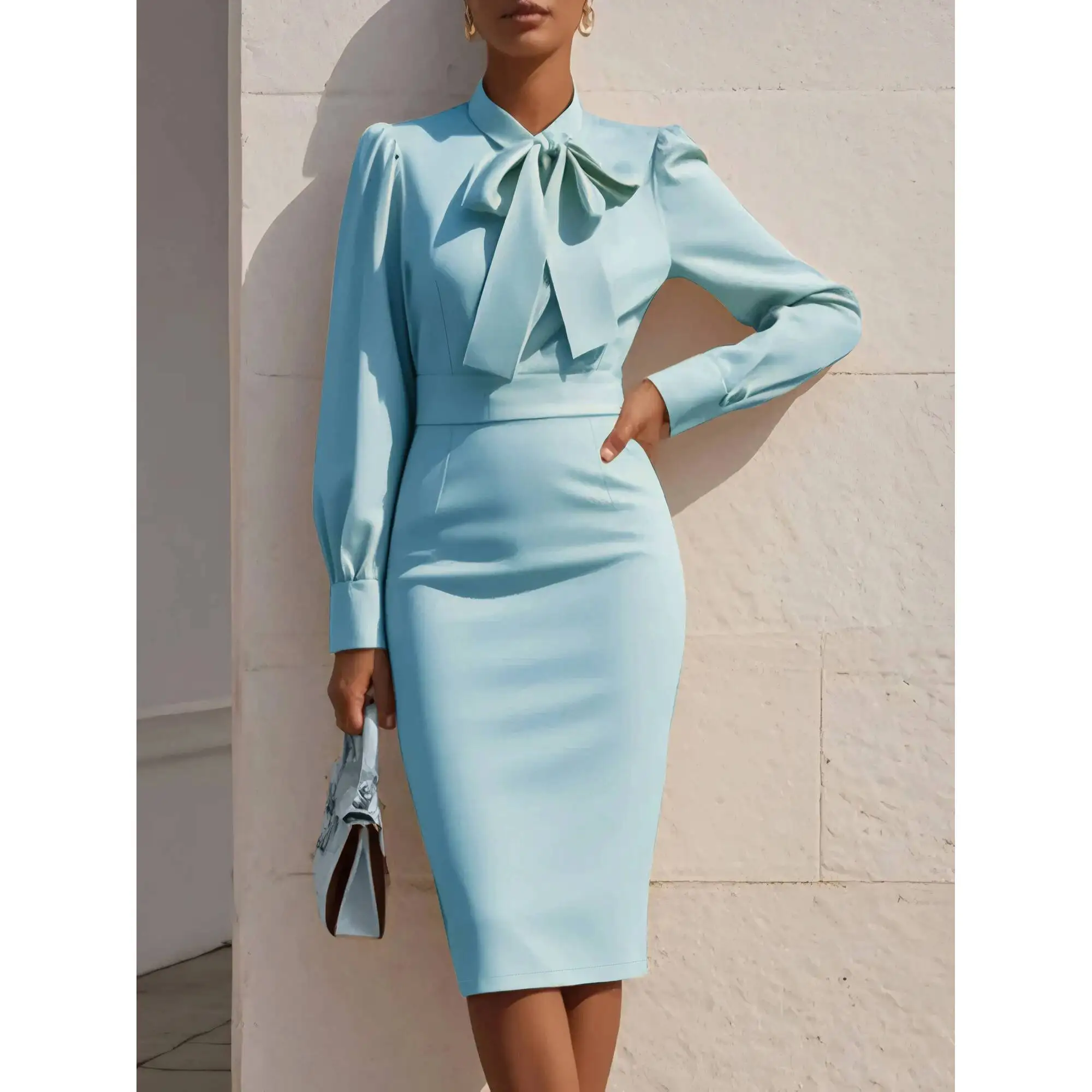 

Платье миди для женщин, весна-лето, светло-голубое, с завязками на шее, пышными рукавами, облегающее, элегантное, шикарное, для офиса и вечеринок