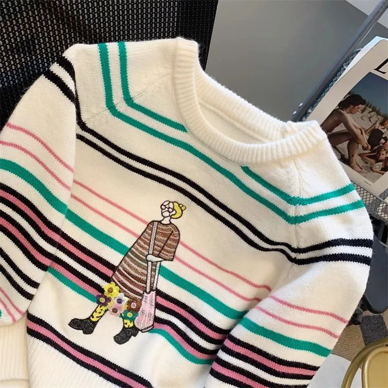 Cartoon Embroidery Stripe Sweater Pullovers Women Casual Knitwear korean reviews many clothes O Neck Long Sleeve Knit Sweater