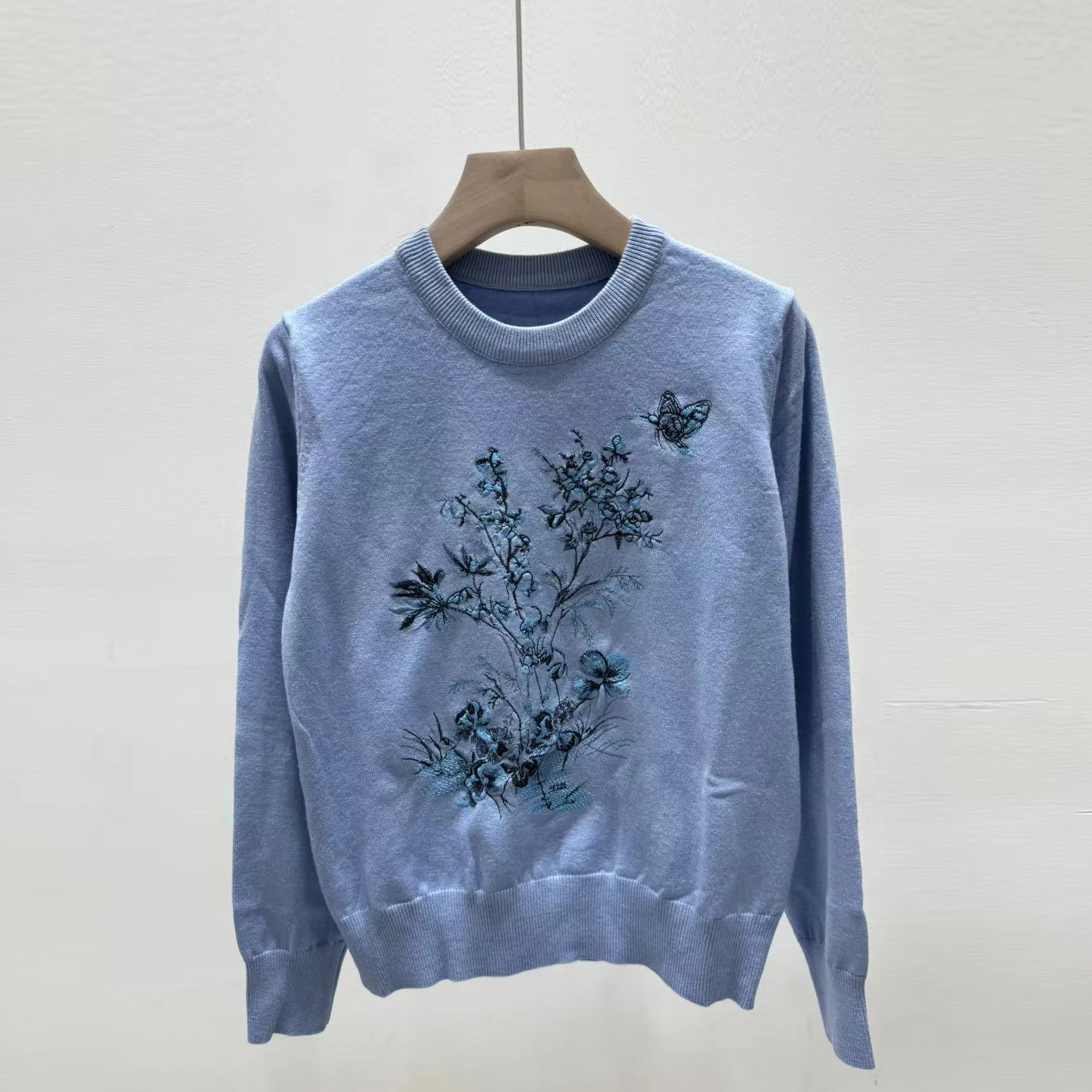 ALPHALMODA Embroidered Flowers, Green Plants, Embroidery Design, Knitted Sweater, Women Elastic, Long Sleeve, Outer Top