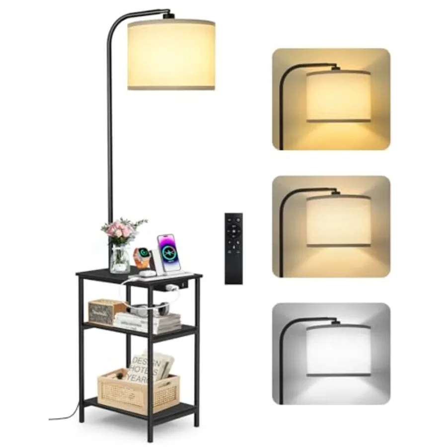 

Floor Lamp with Table and Remote, Side End Table with Charging Station, Dimmable Nightstand with 3 Color Temperatures, 1-Hour T