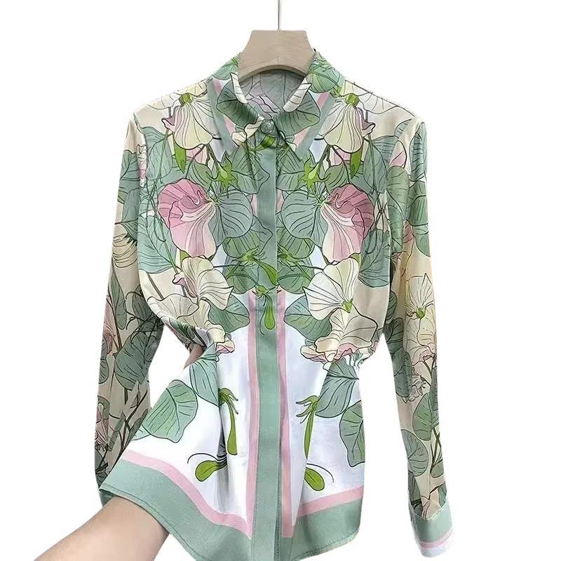 Satin Women Shirt Long Sleeve Blouses Floral Print Summer Turn-down Collar Soft Comfortable New Korean Fashion Casual Loose Tops