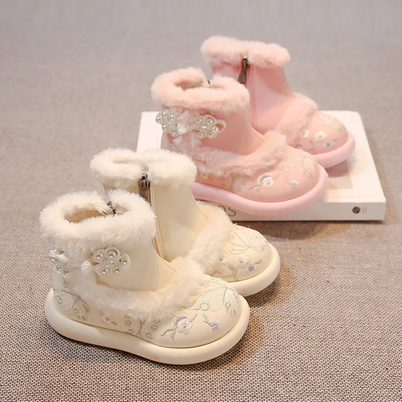 

Детские повседневные ботинки, зимние сапоги из искусственной кожи, зимняя обувь принцессы в китайском стиле для девочек, нескользящая теплая розовая бежевая обувь, размер 26-36