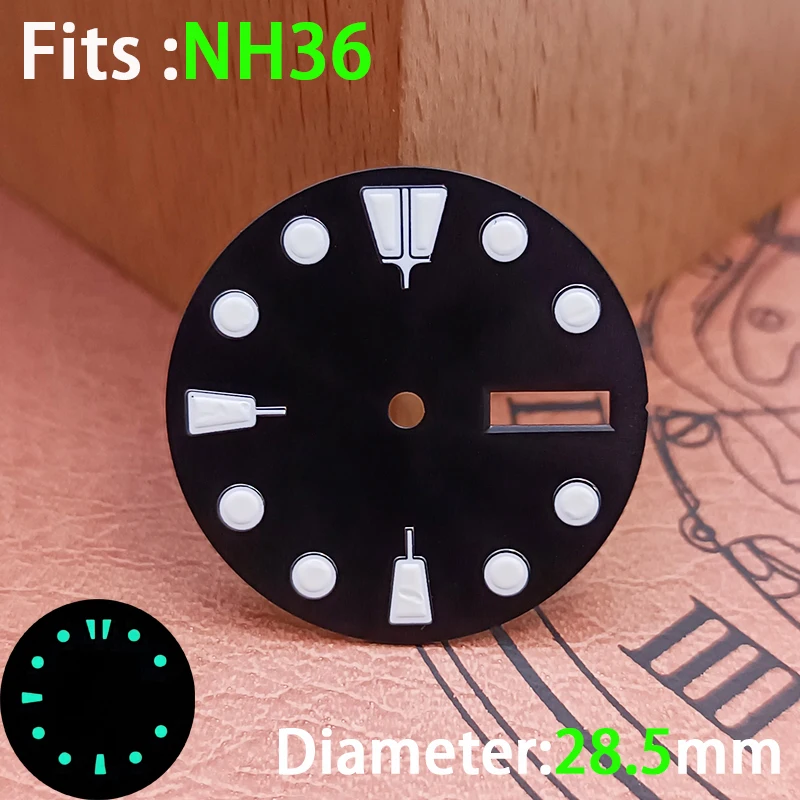 Watch Aseptic Dial Accessories Stainless Steel Striped Luminous Calendar 28.5mm for NH36 Movement Watch Replacement Parts