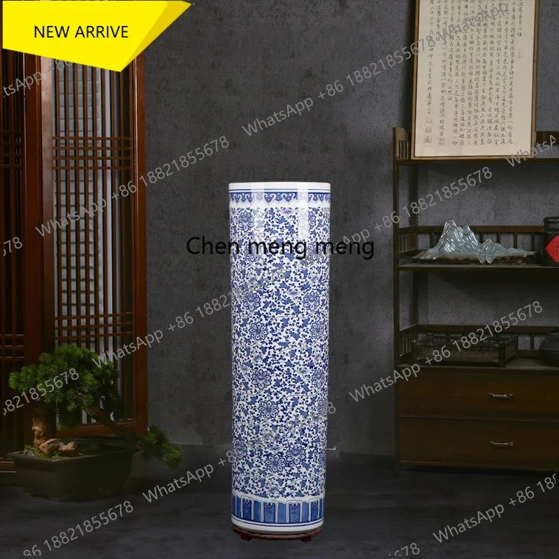 G153 Ceramic blue vase painting and calligraphy cylinder scroll calligraphy and painting storage Chinese decorative ornament