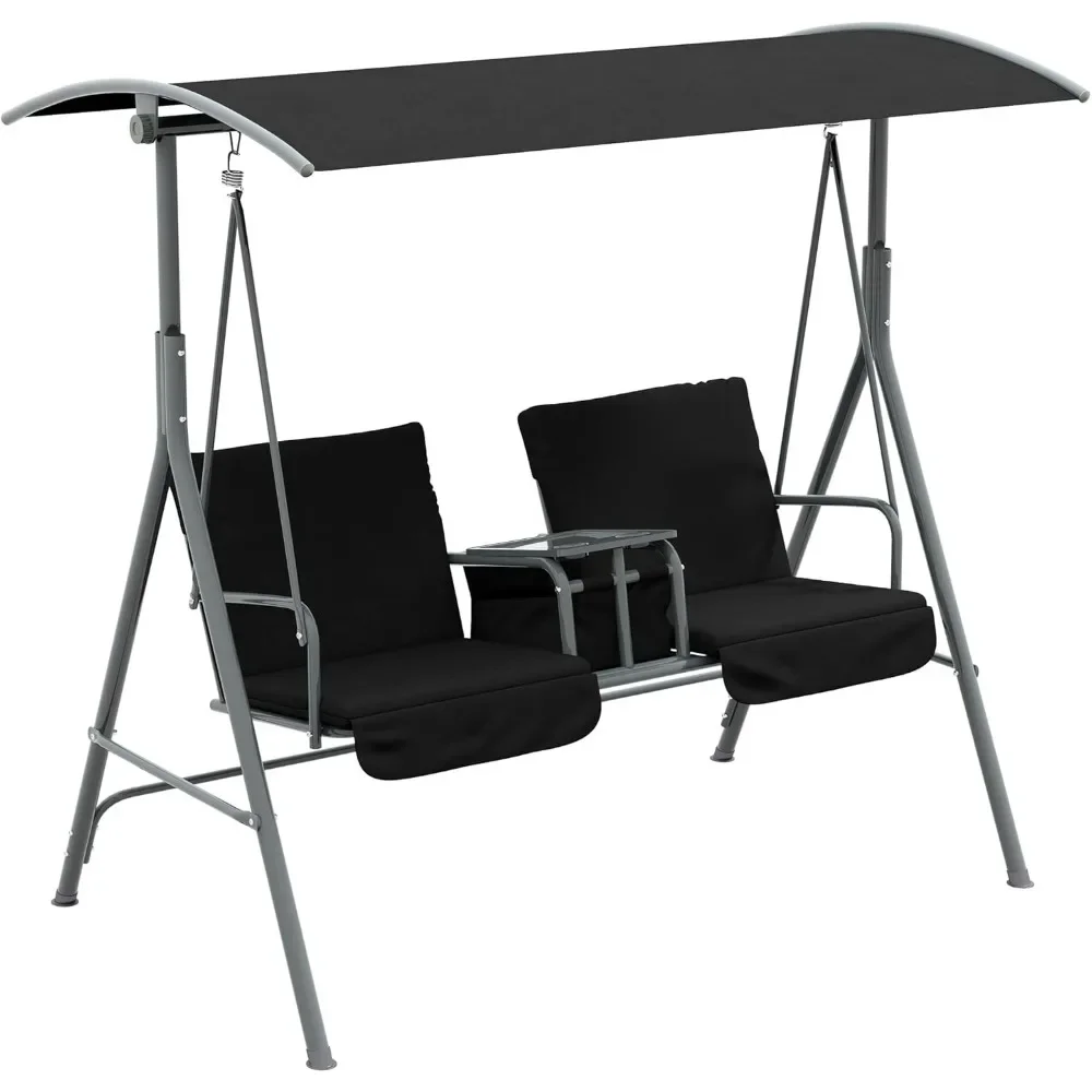 

Porch Swing with Stand, Outdoor Swing with Canopy, Storage Table, 2 Cup Holders, Cushions for Patio, Backyard