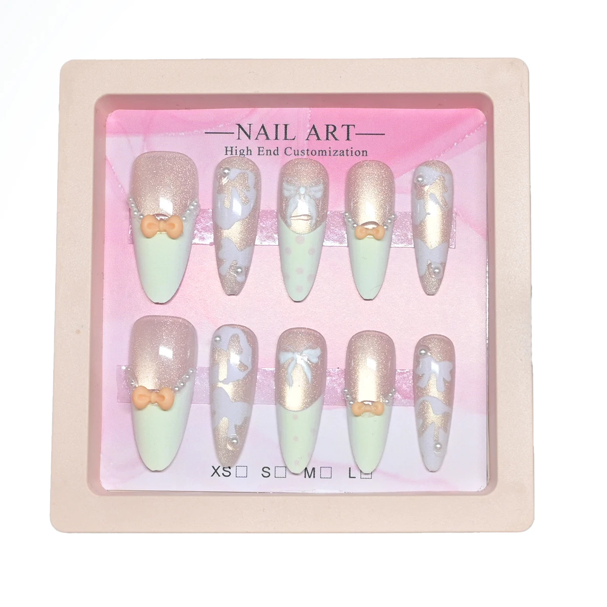 New summer arrival, 10 pieces handmade medium almond press-on nails. Featuring 3D cat eye and icy flower blue tone, this blue gr