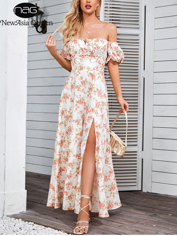 NewAsia 2025, Sommer-Midikleid mit Puffärmeln, bedruckt, hoher Schlitz, rückenfrei, A-Linie, Schleife, elegantes langes Kleid für Strandparty, lässig