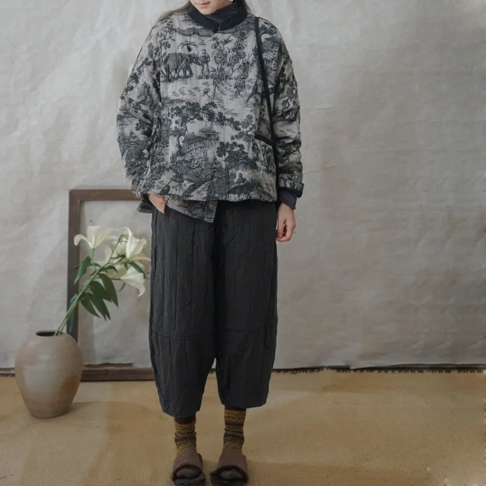 

Винтажный цветочный узор, национальный прилив, боковой кардиган на шнуровке, маленькое пальто на хлопковой подкладке, женская свободная короткая куртка для отдыха в китайском стиле