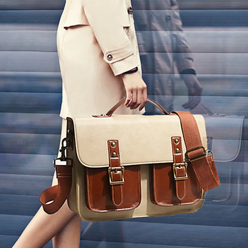Maletín de cuero genuino, bolsos de mano para mujer, mochila, bolso de hombro tipo bandolera, bolso para ordenador portátil de 14 \