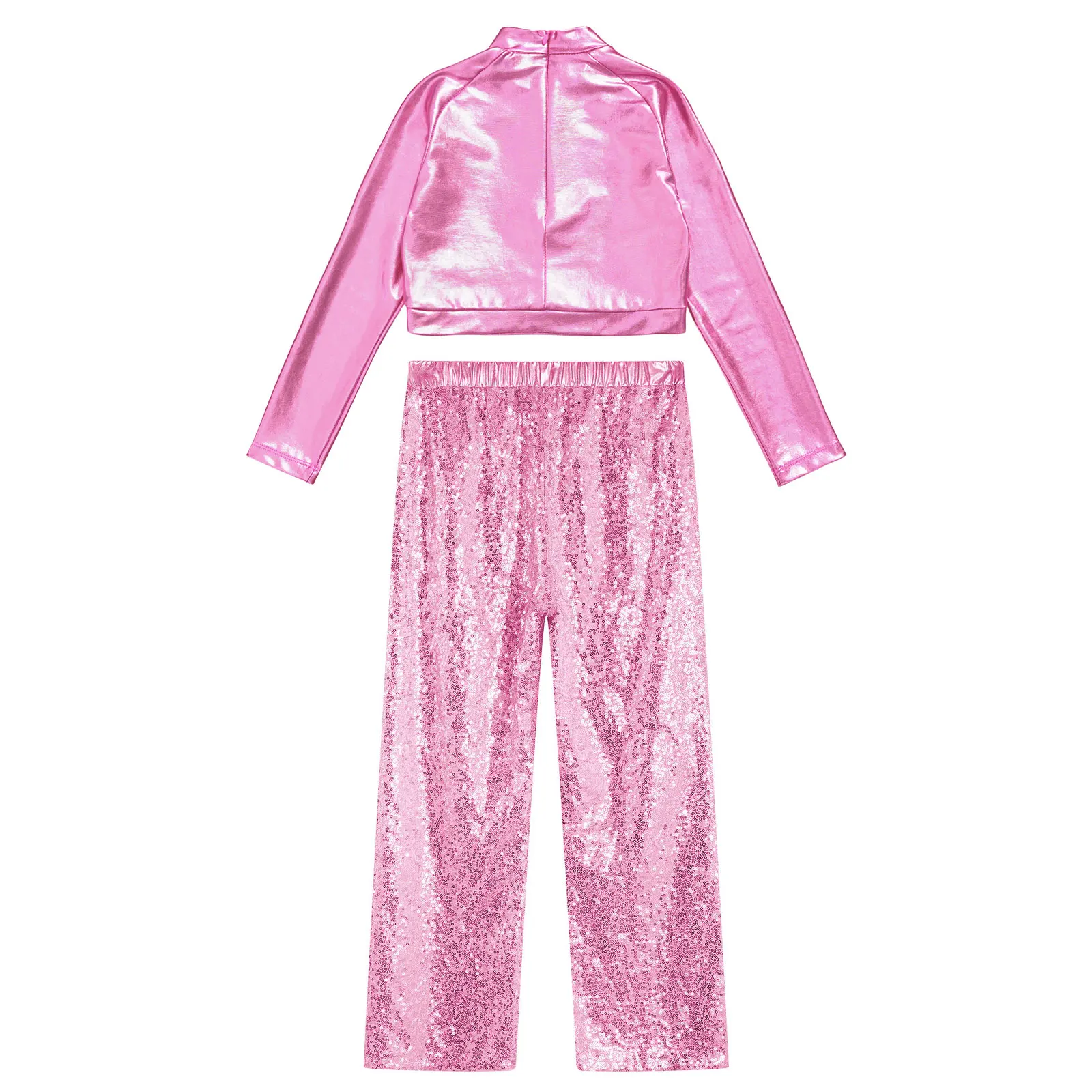 Kids Girls Sparkly Sequins Dance Stage Costume 2Pcs Long Sleeve Crop Top and Wide-Leg Pants Street Modern Dance Cheerleader Set