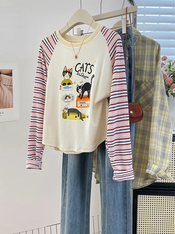 Cartoon  Print Long Sleeve T-Shirt Women's Fashionable Autumn Winter New Style Shoulder Insert Striped Top Breathable Poly...