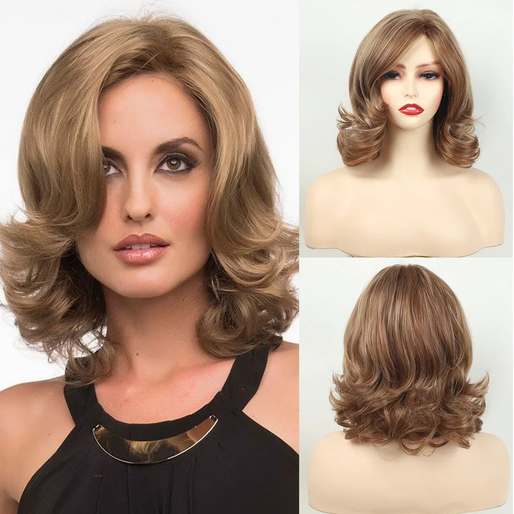 Synthetic Women Hair Short Curly Wig Brown Slanted Bands Wigs Natural Wave Hair Wigs Heat Resistant Daily Party Cosplay Use Wig