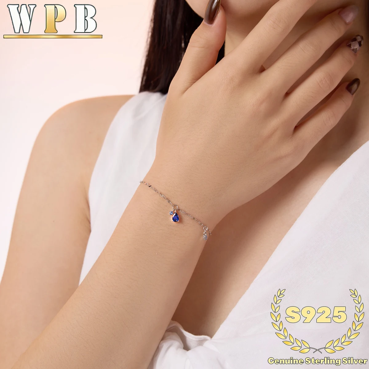 S925 Sterling Silver Wave Chain Bracelet, Blue Zircon Drop Charm with Side Stones, Sparkling Zirconia Lightweight for Women Gift