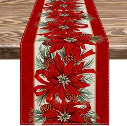 Christmas Poinsettia Red Linen Table Runner Seasonal Winter Xmas Party Decor Holiday Wedding Table Decor Navidad Decoration 2025