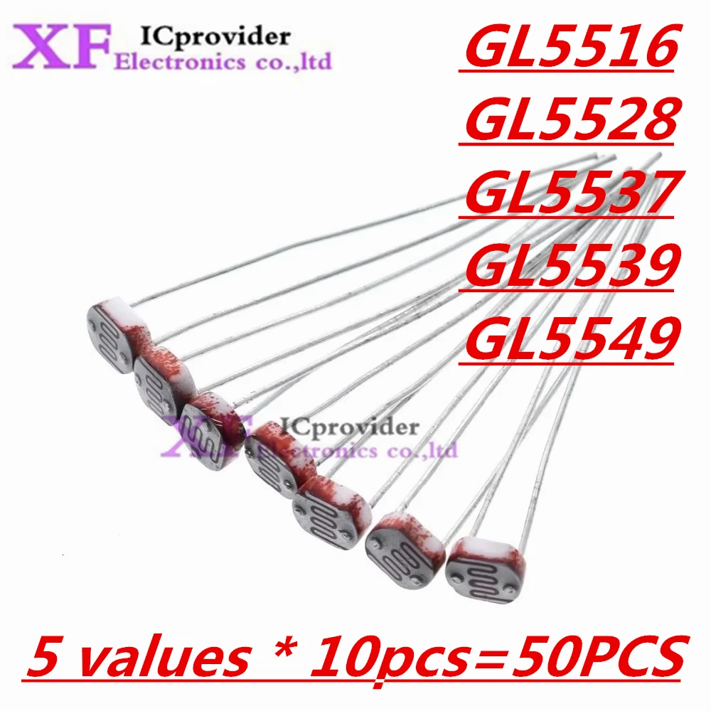 50pcs 5 values * 10pcs LDR Photo Light Sensitive Resistor Photoelectric Photoresistor Kit for 5516 5528 5537 5539 5549 GL5528