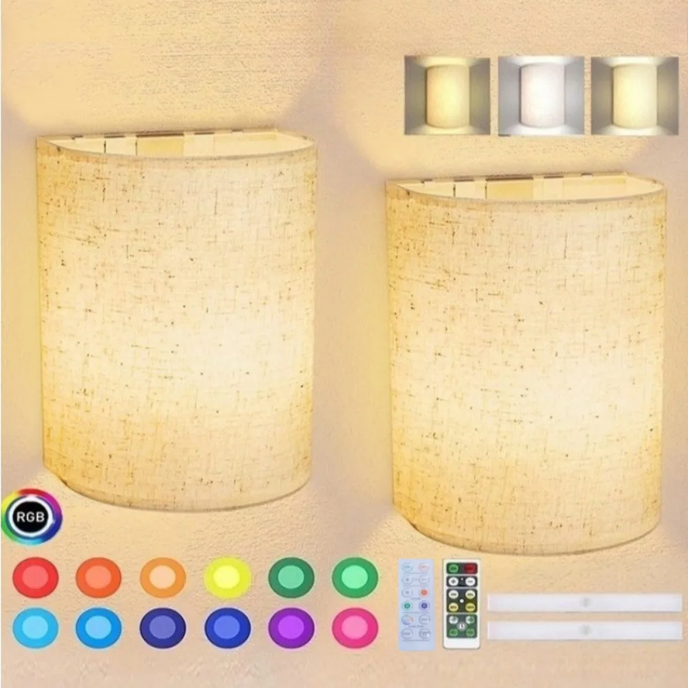 مجموعة مصابيح حائط تعمل بالبطارية مكونة من 2، مصباح حائط من القماش قابل للتعتيم بـ 16 لونًا RGB مع جهاز تحكم عن بعد ومفتاح لممر غرفة النوم