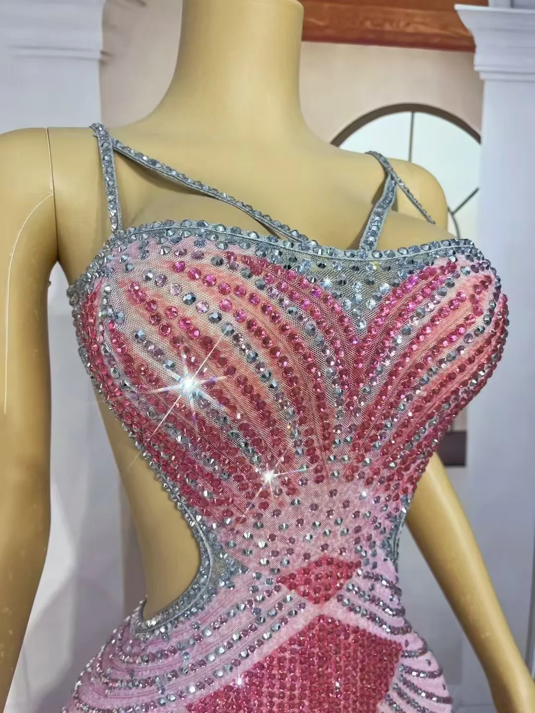 Sexy Pink Sparkly Rhinestones Supenders High Split Backless Dress Women Evening Prom Gown Red Carpet Stage Photoshoot Costume