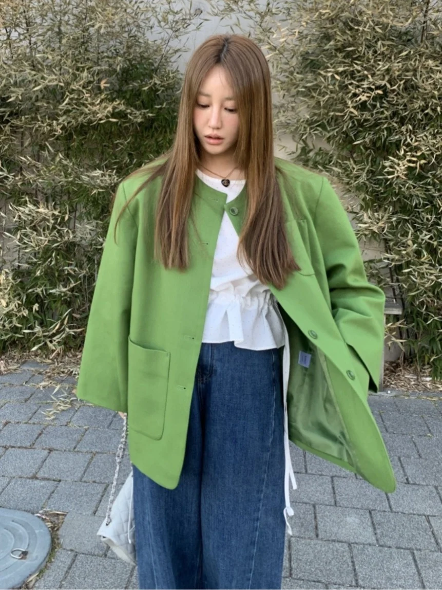 

Chic Vintage round Ne Long Sve Loose Women's Suit Jaet Autumn Spring Season Multi-ket Design Commute Sle Faion