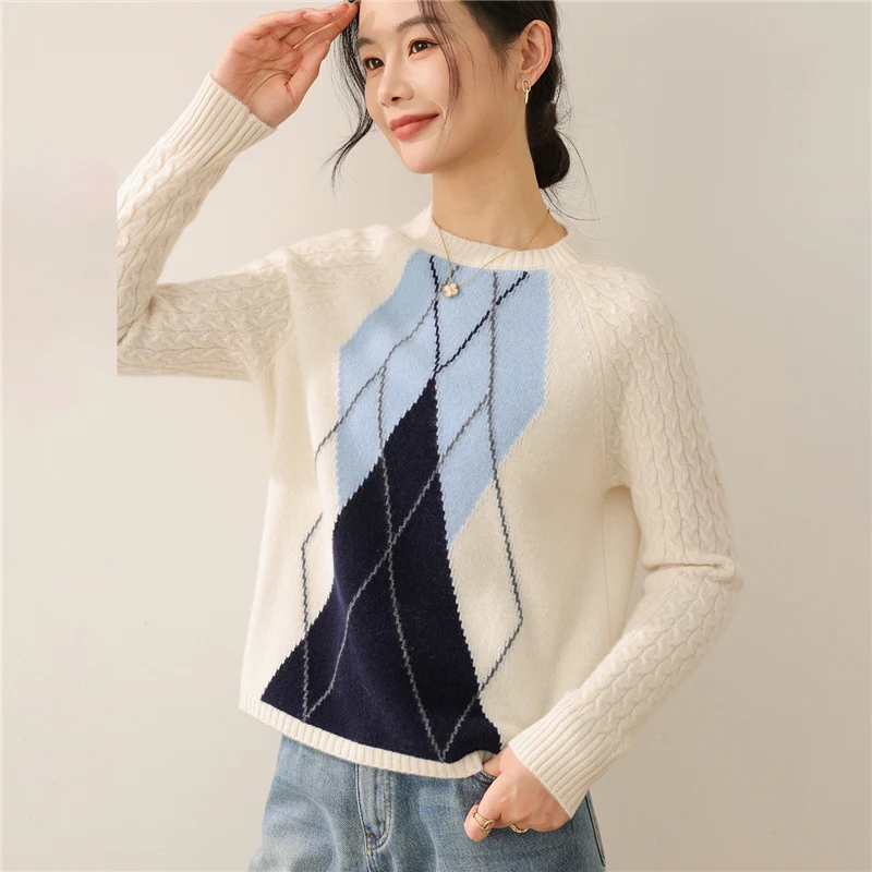 

Autumn Winter Basic Sweater Pullover Women's Clothes 100% Merino Wool Sweater Retro Argyle Knitted O-Neck Pullover Twist Flower