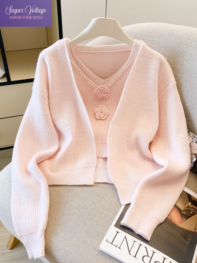 

Корейский модный милый элегантный комплект из 2 предметов, женский жемчужный жилет с v-образным вырезом + вязаный мягкий свитер с длинными рукавами, французский повседневный однотонный шикарный наряд