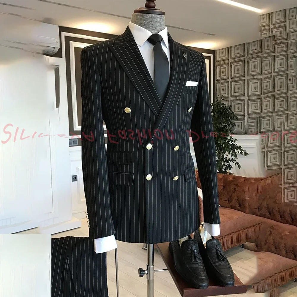 

2025 Men's High-End Boutique Suit Stripe Trousers Set Wedding Party Fashion Business Casual Trendy Two-Piece Ensemble