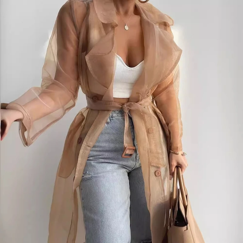 

Spring and Summer 2025 Solid Color Loose Thin Lantern Sleeve Cardigan Long Shirt Coat
