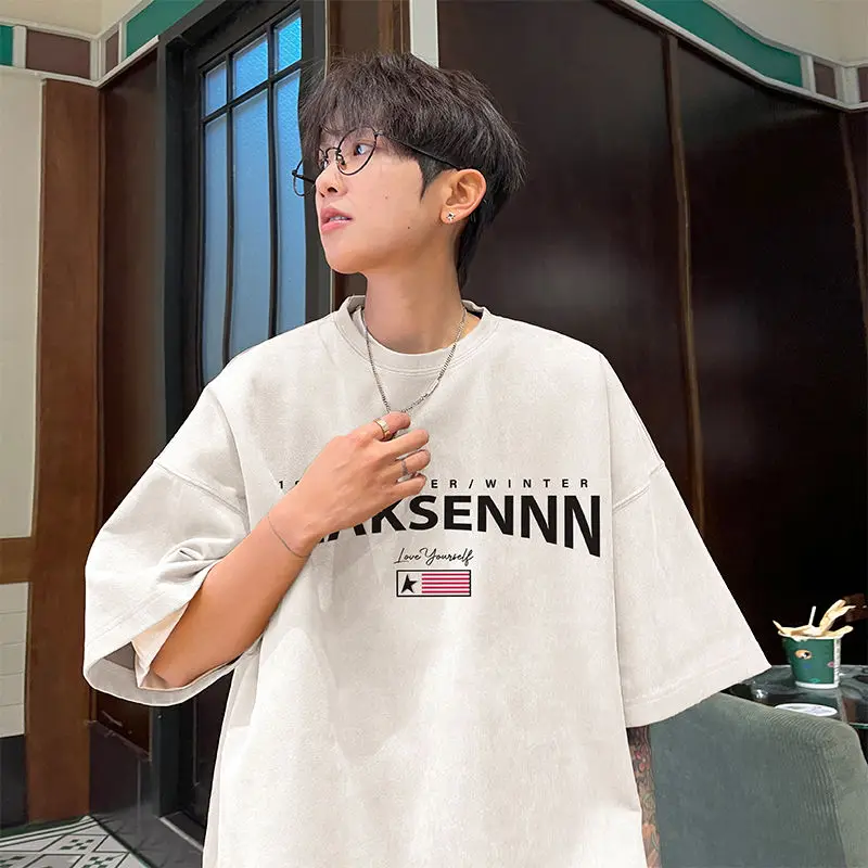 

Suede T-shirt men's summer American retro printed short-sleeved top loose trendy brand large size three-quarter sleeve T-shirt