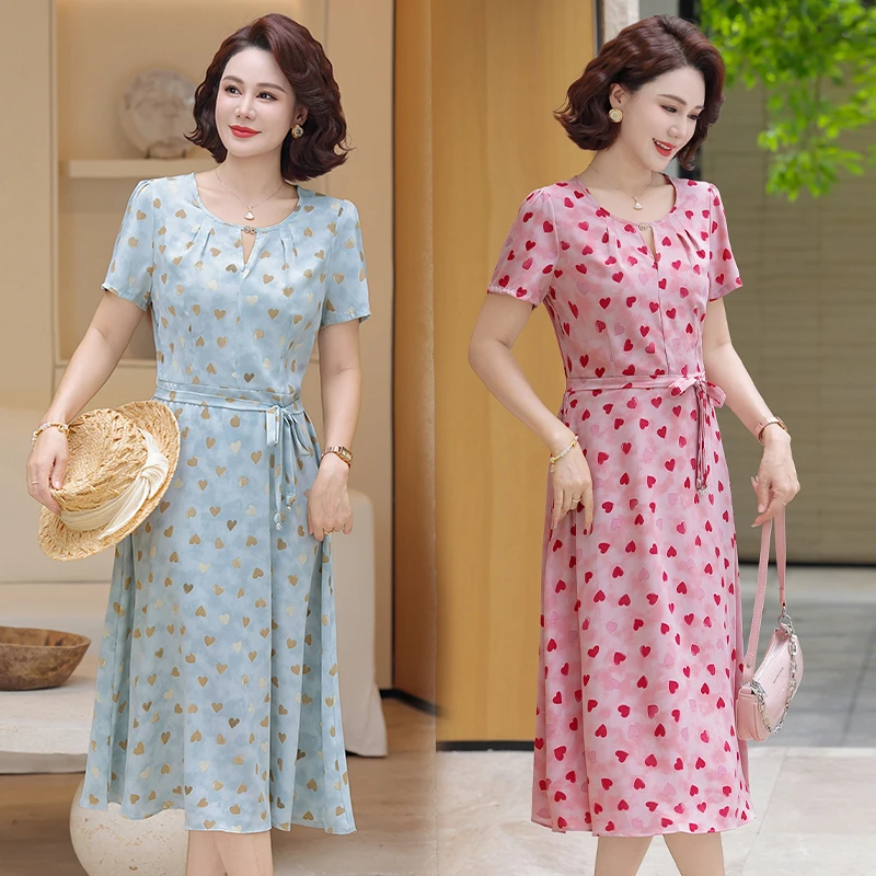 فستان نسائي صيفي متوسط الطول مطبوع بنمط جديد أنيق للتخسيس على شكل حرف v على شكل حرف a وأكمام قصيرة فساتين غير رسمية