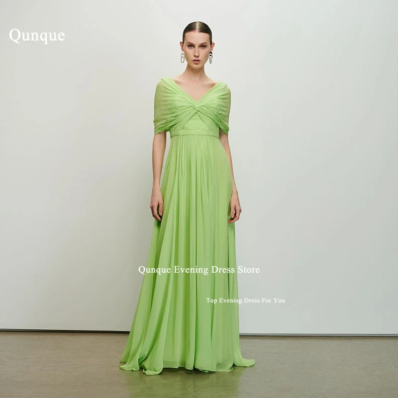 

Qunque Long Chiffon Prom Dresses Cap Sleeves Pleat Criss Cross Formal Women Evening Gown For Wedding Party Dress Robe De Soiree
