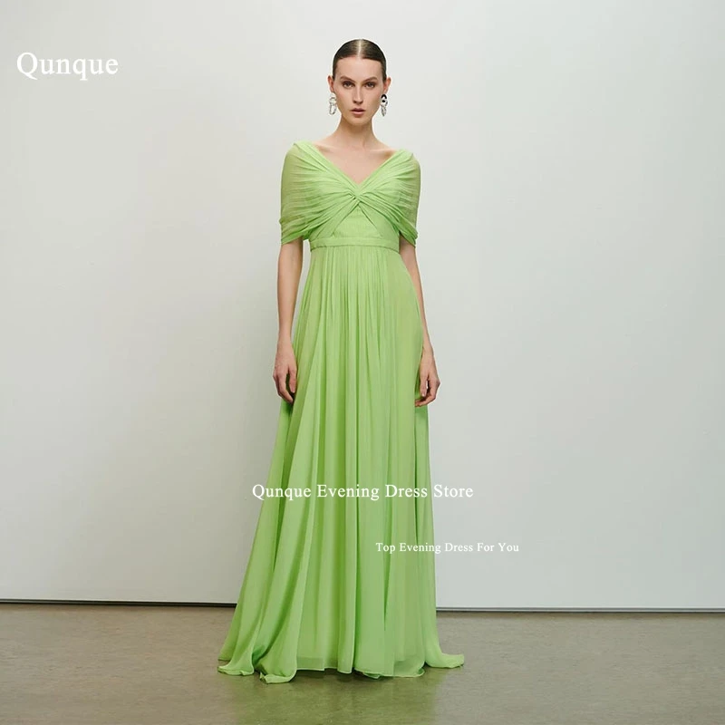 

Qunque Long Chiffon Prom Dresses Cap Sleeves Pleat Criss Cross Customized Women Evening Gown Wedding Party Dress Robe De Soiree