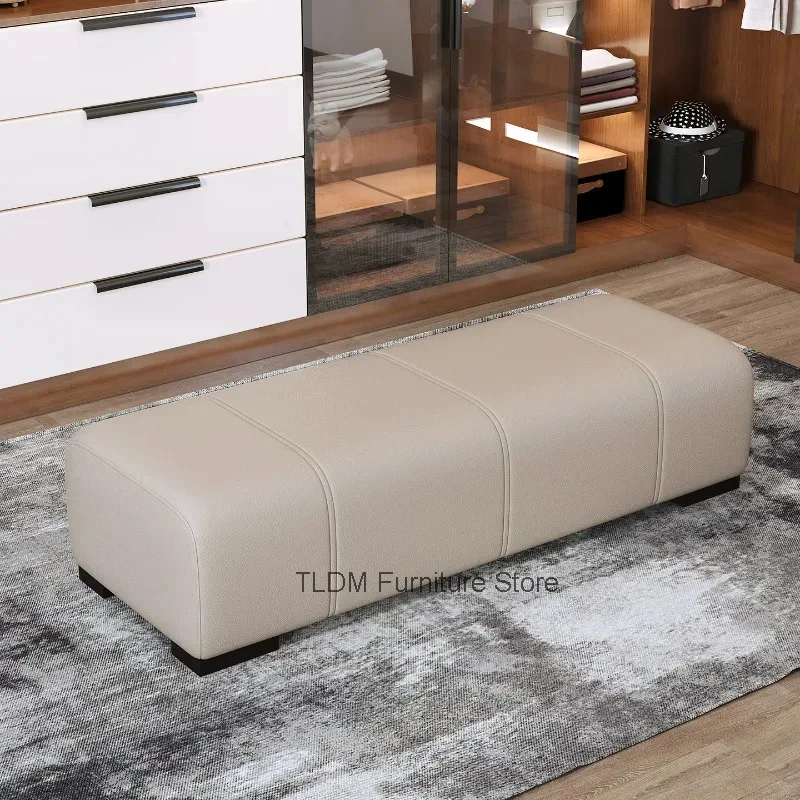 Modern Minimalist Leather Bench Stitched Design Solid Short Legs Upholstered Entryway Bench for Cloakroom Living Room