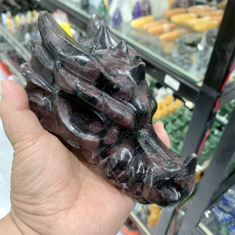 15cm Natural Garnet Dragon Head Skull Hand Carved Gemstone Crystal Figurine Powerful Polished Statue Crafts For Decor 1pcs