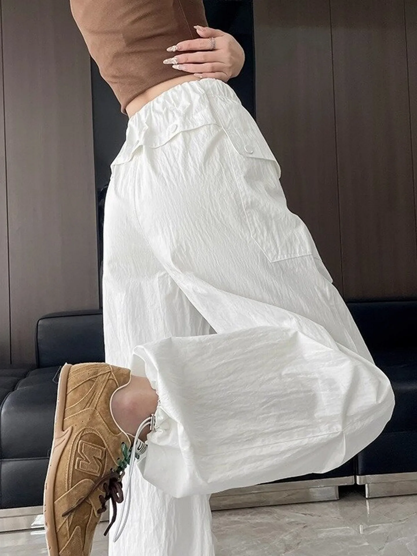 クイ ドライアイスシルク レディース 夏 薄手 ストレートレッグ カジュアル ルーズ ワイドレッグパンツ 登山やスポーツ用 ハイウエストデザイン