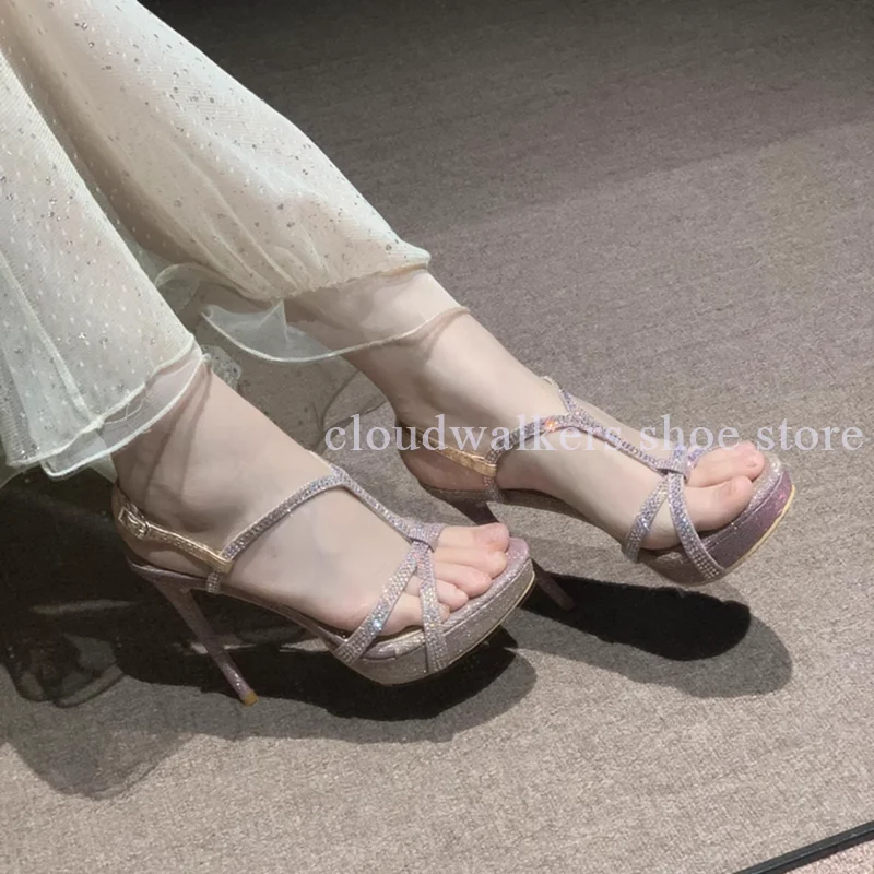 

Sparkling Cross Rhinestone Strap Peep Toe High Heel Sandals Summer Elegant Women's Stiletto Heel Ankle Strap Buckle Sandals