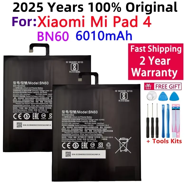 Fast Shipping 2025 Years 100% Original Xiao mi BN60 Battery For Xiaomi Pad 4 Tablet Pad4 MiPad4 6010mAh High Capacity Bateria