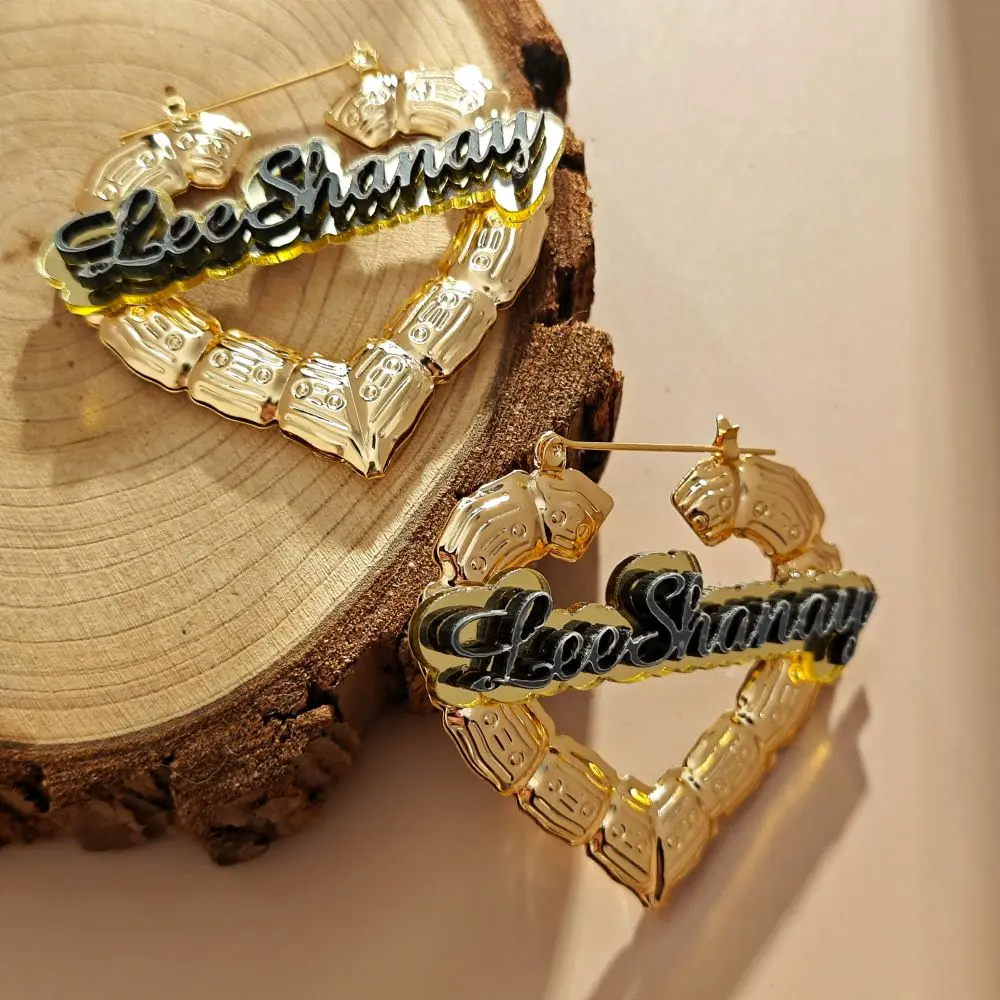Lateefah Stainless Steel Acrylic Double Colors Heart Bamboo Personalised DIY Custom Name Earrings