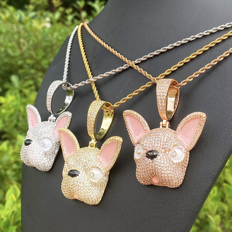 Hip Hop 5A+ CZ Stone Paved Bling Ice Out Dog Pendants Necklaces for Men Rapper Jewelry Rose Gold Silver Color