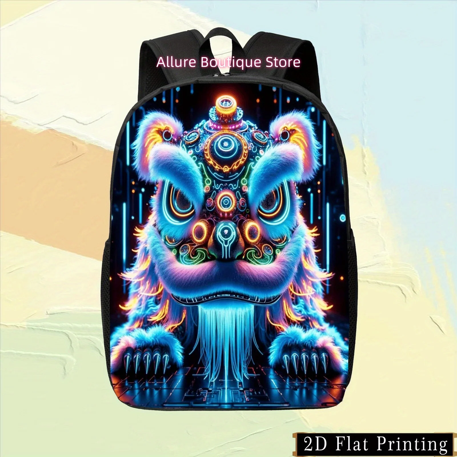 1pc Colorful Single-Sided Print Backpack with Lion Dance Neon Design, Fashionable Futuristic Style Zippered Shoulder Bag for Com