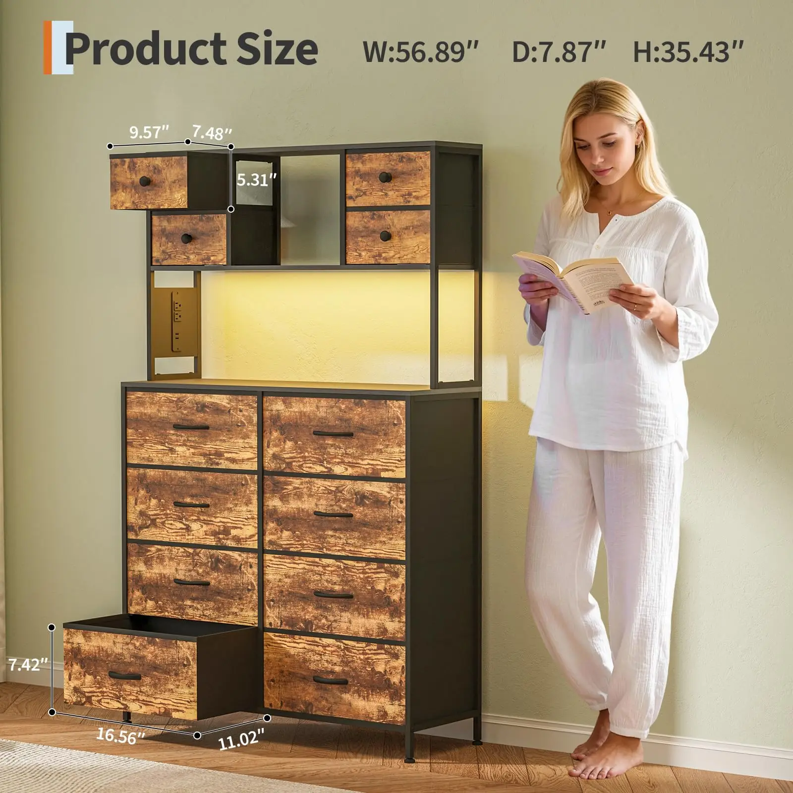 12 Drawers Dresser for Bedroom with Fabric Dresser, Charging Station & LED Light, Large Chest of Drawers for Living Room, Steel Frame & Wooden Top, Entryway