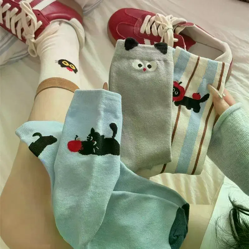 1/4Pairs Cute New Novelties Fashion Cotton Breathable Funny Kitten Socks Female Casual Long Preppy Style Cartoon Striped Socks