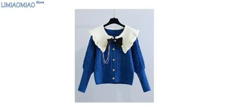 New Blue Twists Peter pan Collar Pearls Long Sleeve Acrylic Knitted Women's Sweater Fashion Pullover Sweaters Cardigan Autumn