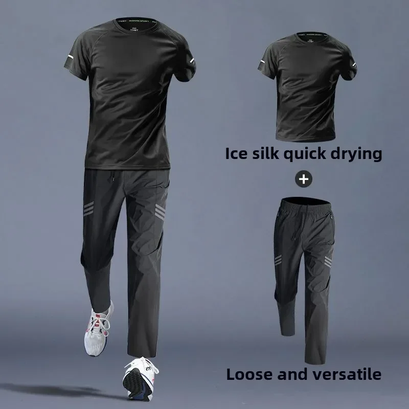 Men's Ice Silk Athletic Set - Quick-Dry T-Shirt Shorts Perfect for Running Itness Football Training Men Clothing Sportswear Set