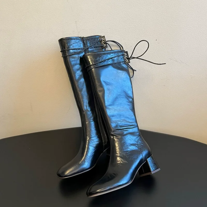Strap Shoes for Ladies Square Toes Chunky High Heels Sewing Lines Female Mid Calf Boots Solid Zapatos Mujer Side Zippers Tacones