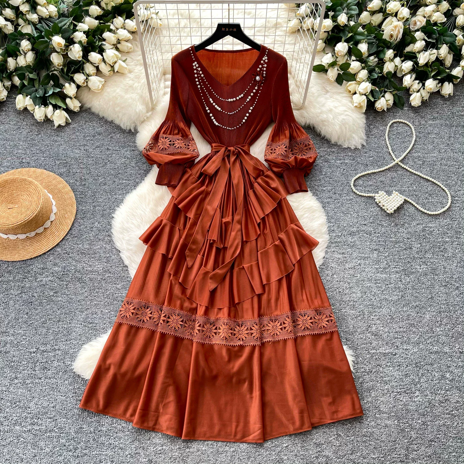 

Miyake Women's Elegant V-Neck Dress with Beading Ruffle Pleating Long Lantern Sleeves Loose Fit Casual Chic with Large Sashes